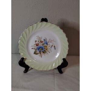 Vintage 8" Green Hand Painted Plate with Swirl Rim - Floral Center - Gold Trim